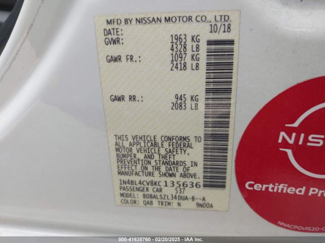 1N4BL4CV8KC135636 Nissan Altima 2.5 Sr