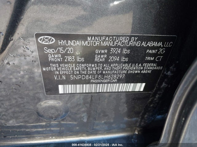 5NPD84LF8LH628297 Hyundai ELANTRA SEL