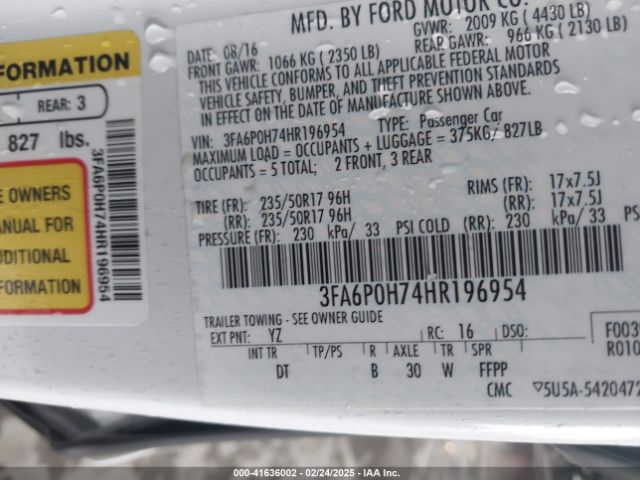 3FA6P0H74HR196954 Ford FUSION SE