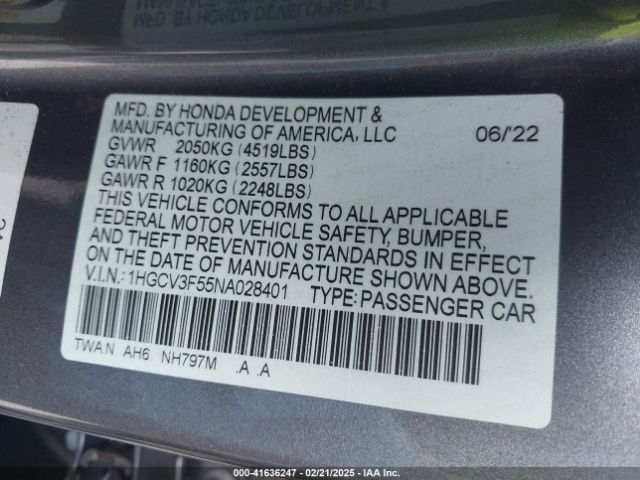 1HGCV3F55NA028401 Honda Accord Hybrid Ex-l