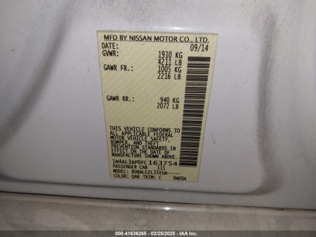 Nissan Altima 2.5 S 2015 1N4AL3AP0FC163754 Image 9