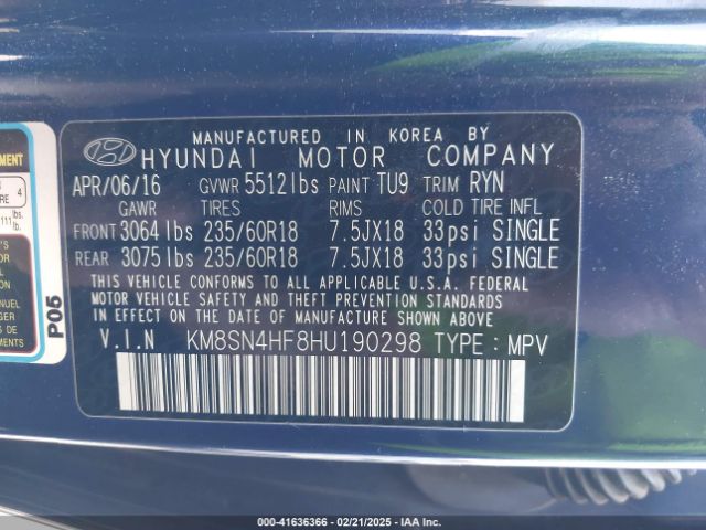 KM8SN4HF8HU190298 Hyundai Santa Fe Limited