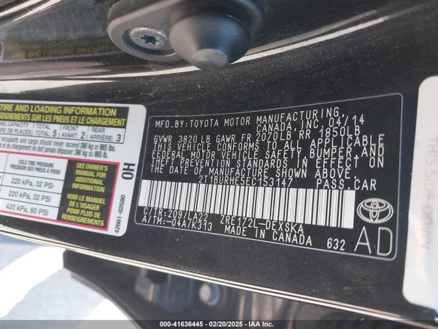 2T1BURHE5EC153147 Toyota Corolla L/le/le Pls/prm/s/s Pls