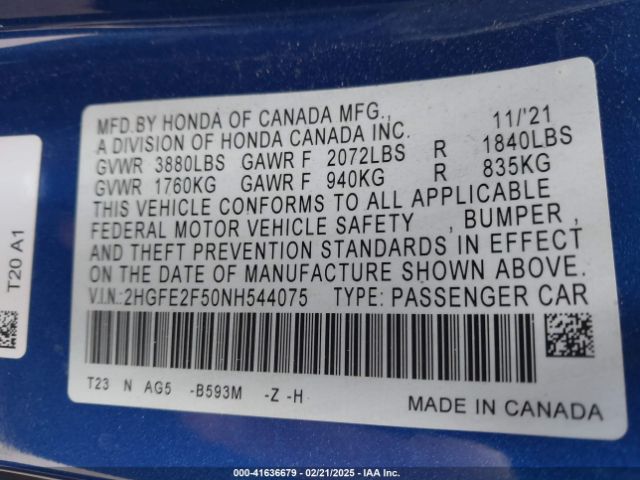 2HGFE2F50NH544075 Honda Civic Sport