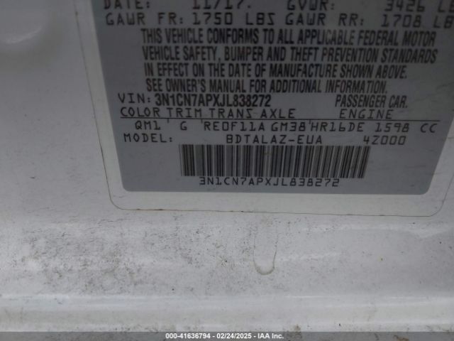 3N1CN7APXJL838272 Nissan Versa 1.6 S+