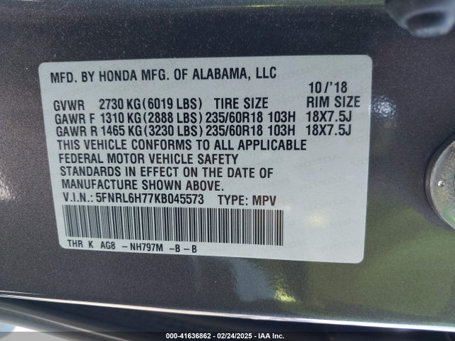 Honda Odyssey Ex-l 2019 5FNRL6H77KB045573 Image 9