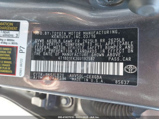 4T1BD1FK3GU192587 Toyota Camry Hybrid Xle
