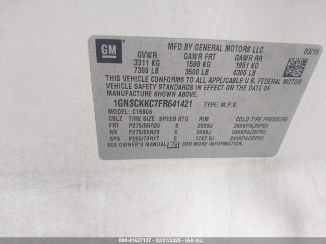 1GNSCKKC7FR641421 Chevrolet Suburban 1500 Ltz