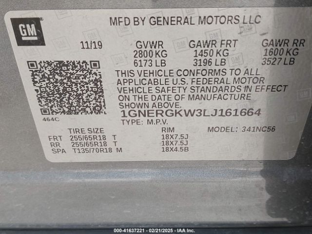 1GNERGKW3LJ161664 Chevrolet Traverse Fwd Lt Cloth