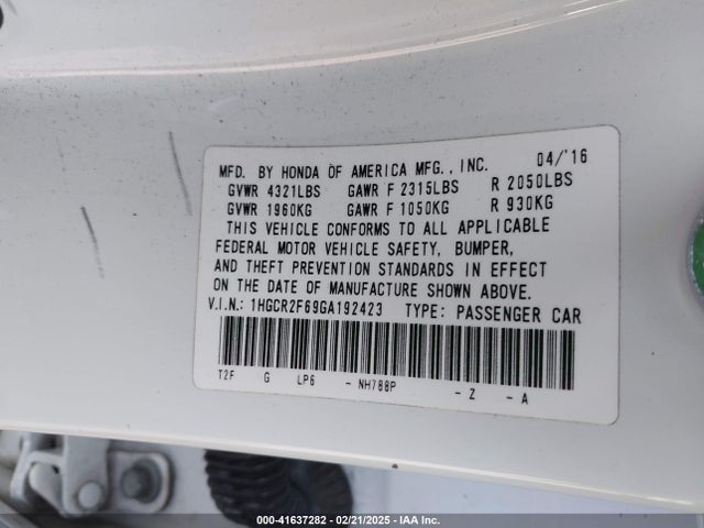 1HGCR2F69GA192423 Honda Accord Sport
