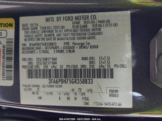 Ford FUSION SE 2016 3FA6P0H75GR358833 Image 9