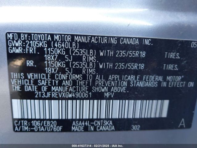 2T3JFREVXGW490061 Toyota RAV4 SE