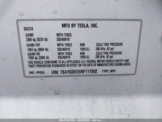 Aukcja sprzedaży 2024 Tesla Model Y Long Range Dual Motor All-wheel Drive, vin: 7SAYGDEE5RF117892, numer aukcji: 41637403