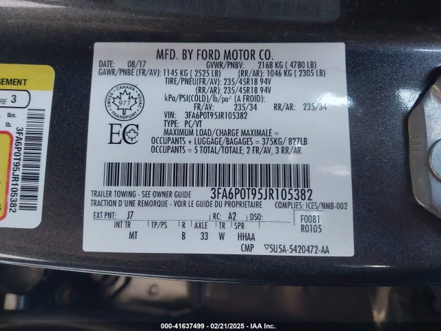3FA6P0T95JR105382 Ford FUSION SE