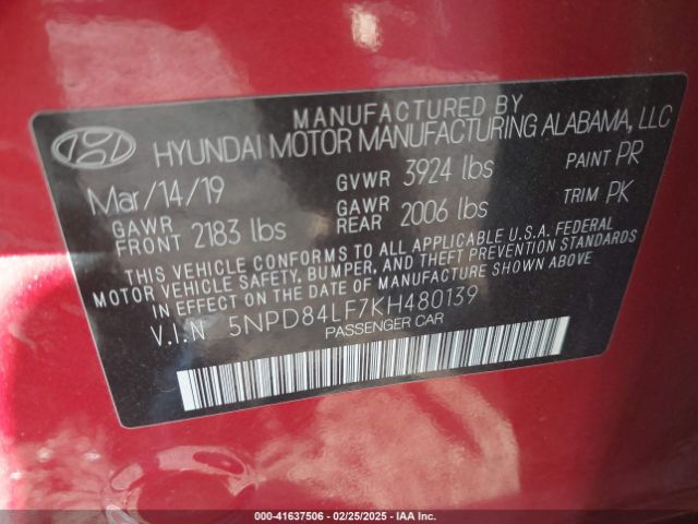 5NPD84LF7KH480139 Hyundai Elantra Value Edition