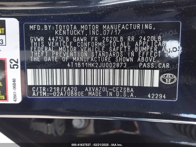 4T1B11HK2JU002873 Toyota CAMRY SE