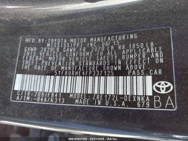 5YFBURHE4FP337125 Toyota Corolla Le Plus