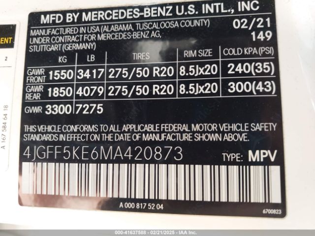 4JGFF5KE6MA420873 Mercedes-Benz Gls 450 4matic