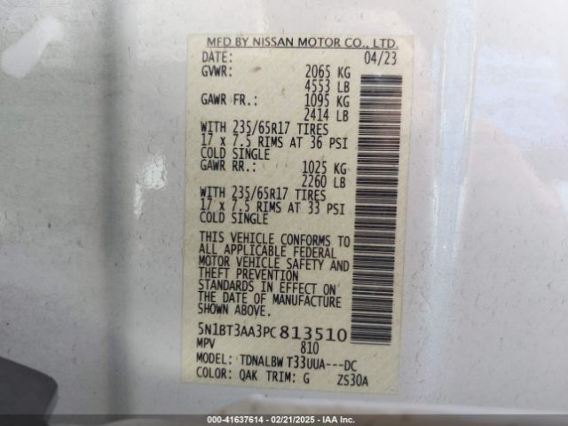5N1BT3AA3PC813510 Nissan Rogue S Fwd