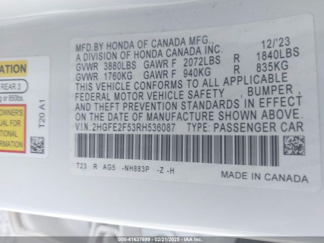 2HGFE2F53RH536087 Honda Civic Sport