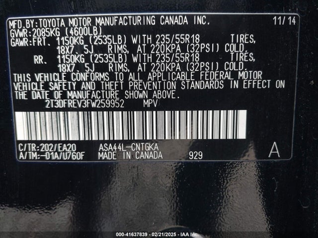 Toyota Rav4 Limited 2015 2T3DFREV3FW259952 Image 9