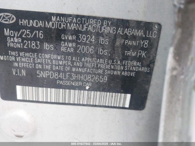 5NPD84LF3HH082659 Hyundai ELANTRA SE