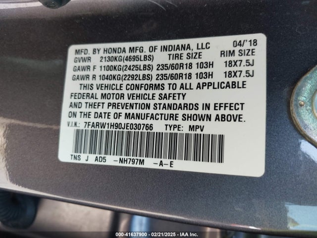 7FARW1H90JE030766 Honda Cr-v Touring