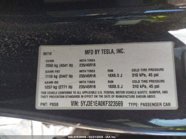 5YJ3E1EA0KF323569 Tesla Model 3 Long Range/mid Range/standard Range/standard Range Plus