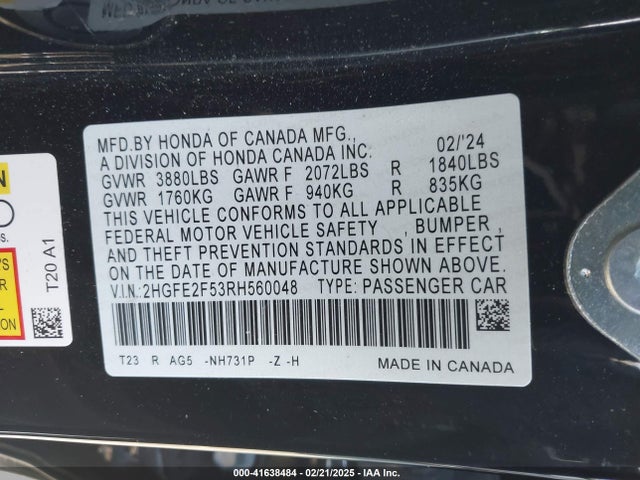41638484 :رقم المزاد ، 2HGFE2F53RH560048 vin ، 2024 Honda Civic Sport مزاد بيع