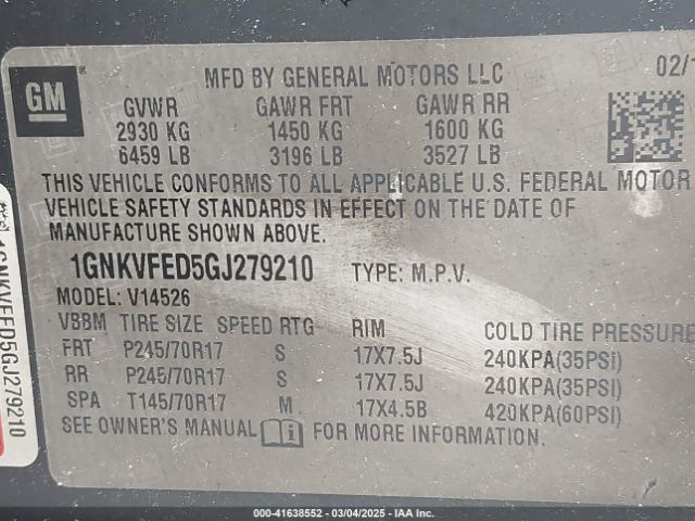 1GNKVFED5GJ279210 Chevrolet Traverse Ls
