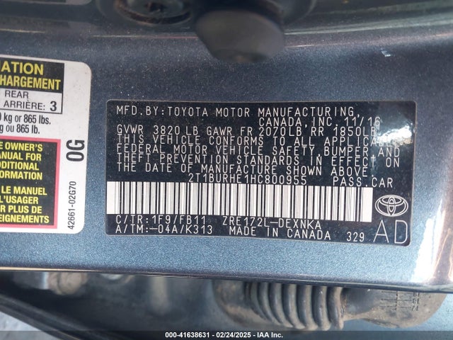 2T1BURHE1HC800955 Toyota COROLLA LE