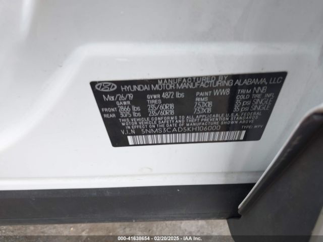 5NMS3CAD5KH106000 Hyundai Santa Fe Sel Plus