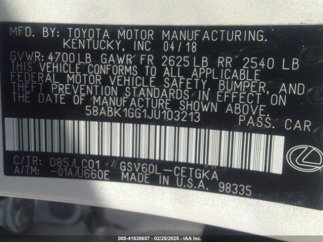 58ABK1GG1JU103213 Lexus ES 350