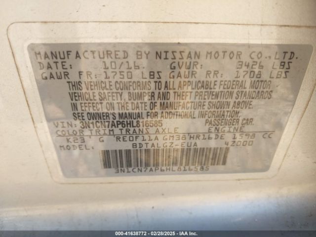3N1CN7AP6HL816585 Nissan Versa 1.6 Sl