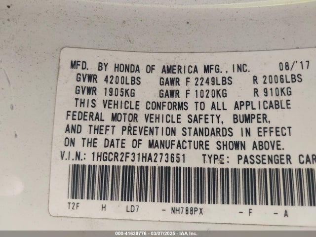 1HGCR2F31HA273651 Honda ACCORD LX