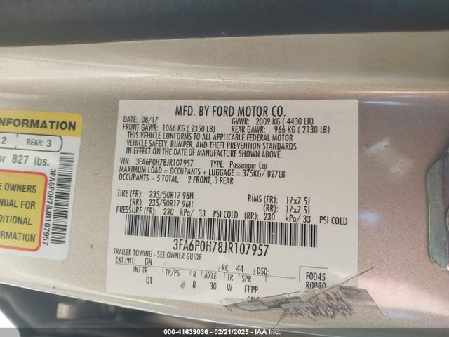 3FA6P0H78JR107957 Ford FUSION SE