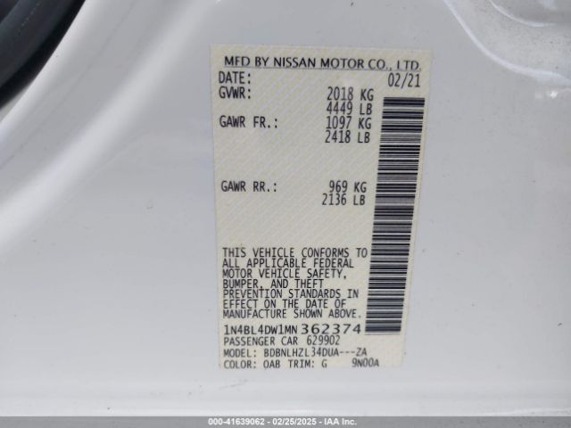 1N4BL4DW1MN362374 Nissan Altima Sv Intelligent Awd