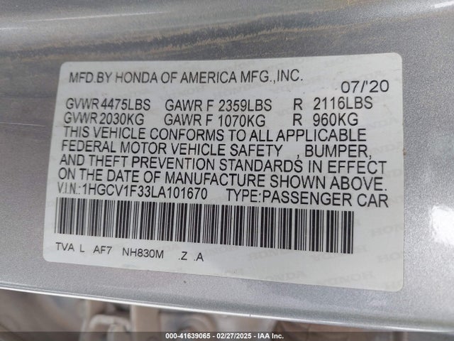 1HGCV1F33LA101670 Honda Accord Sport