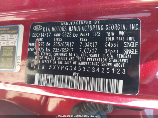 5XYPGDA53JG425123 KIA Sorento 3.3l Lx