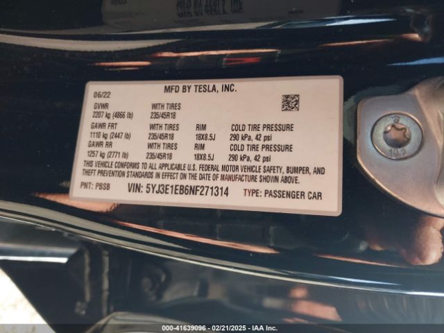 5YJ3E1EB6NF271314 Tesla Model 3 Long Range Dual Motor All-wheel Drive