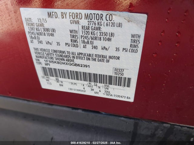 Ford EXPLORER XLT 2016 1FM5K8DHXGGB62391 Image 9