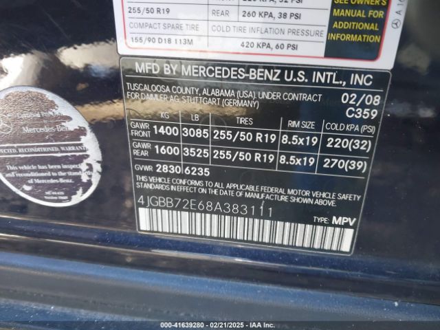 2008 MERCEDES-BENZ ML 550 4JGBB72E68A383111 Photo 8
