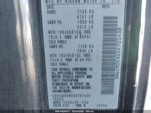 3N6CM0KN2GK701438 Nissan Nv200 S
