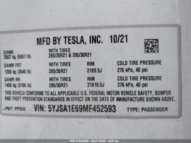 5YJSA1E69MF452593 Tesla Model S Plaid Tri Motor All-wheel Drive