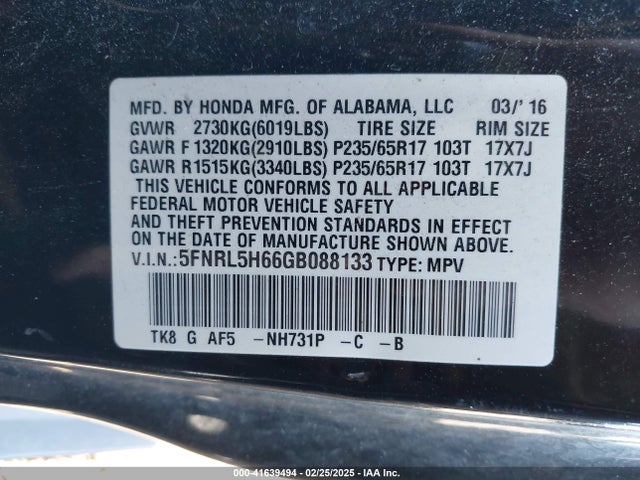 5FNRL5H66GB088133 Honda Odyssey Ex-l