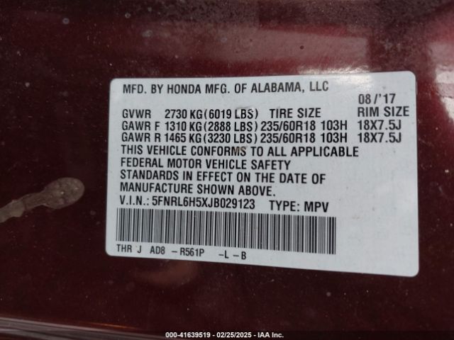 5FNRL6H5XJB029123 Honda ODYSSEY EX