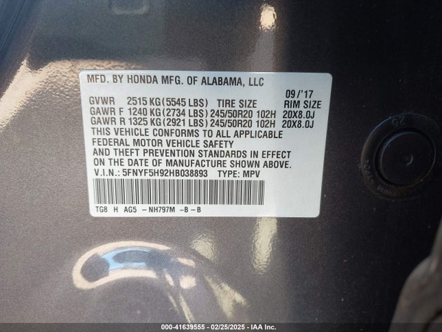 5FNYF5H92HB038893 Honda Pilot Touring
