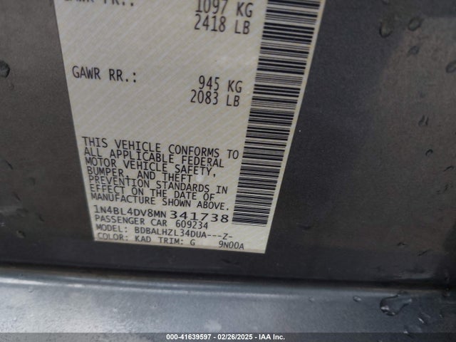 1N4BL4DV8MN341738 Nissan Altima Sv Fwd
