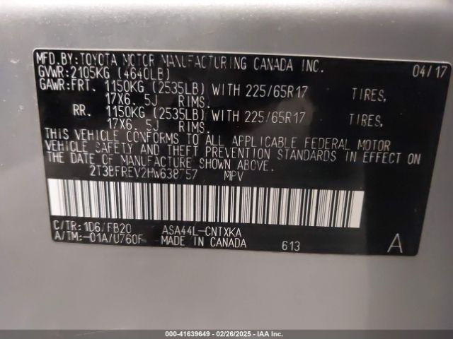 2T3BFREV2HW638757 Toyota RAV4 LE