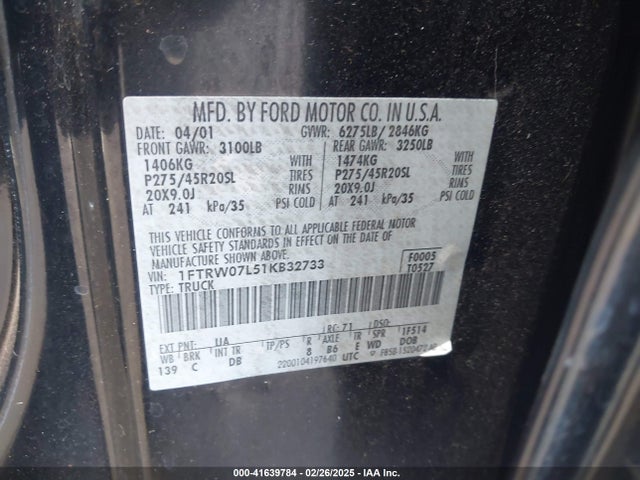 41639784 :رقم المزاد ، 1FTRW07L51KB32733 vin ، 2001 Ford F-150 Harley-davidson Edition/king Ranch Edition/lariat/xlt مزاد بيع